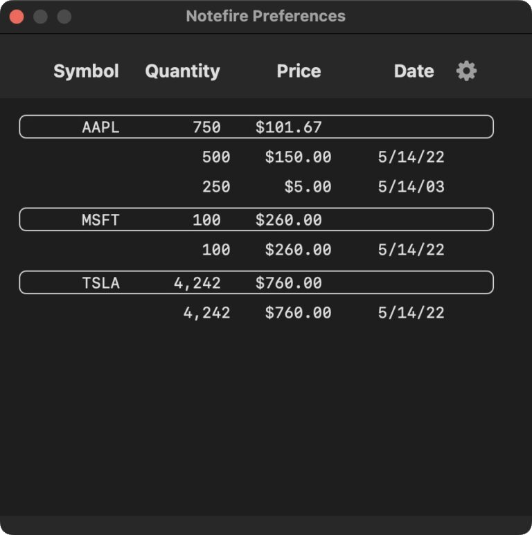 The list of stocks is redundantly displayed in the app preferences window as this is also where you add/remove them. In the future, I will remove this and it adding/removing aka buy/sell will be built into the main portfolio and watch list views.