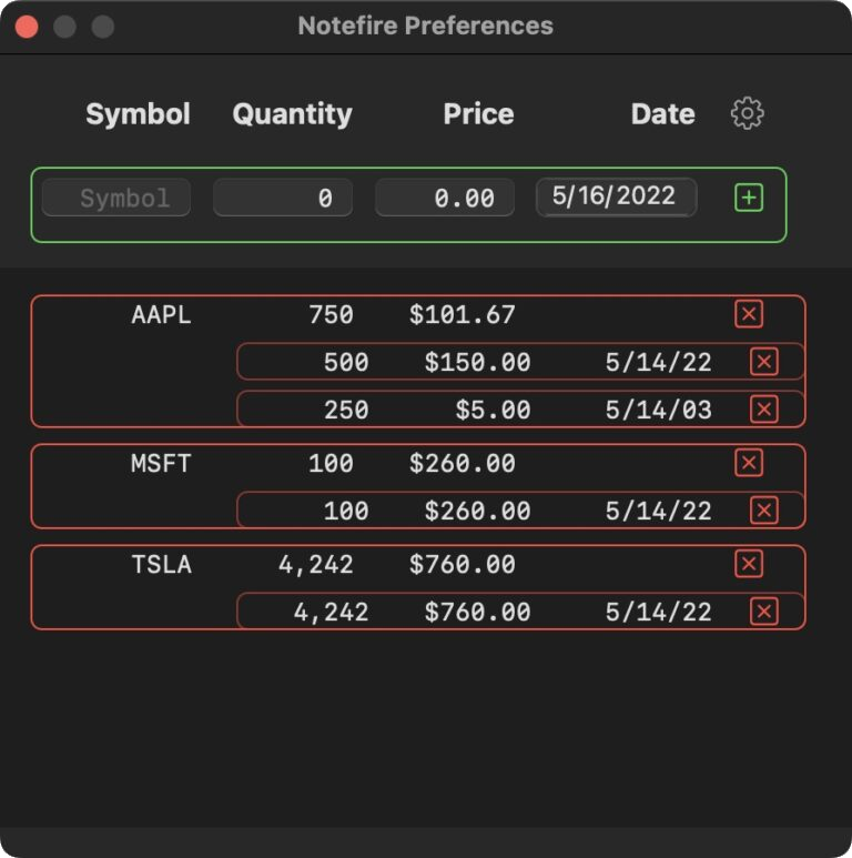Currently adding/removing of a stock purchase/sale is done in the app preferences. It will probably be moved to a modal sheet or built into the main portfolio view.