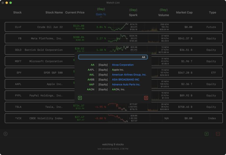 The watch list window with the add stock sheet displayed. As you type it will attempt to match stock symbols.